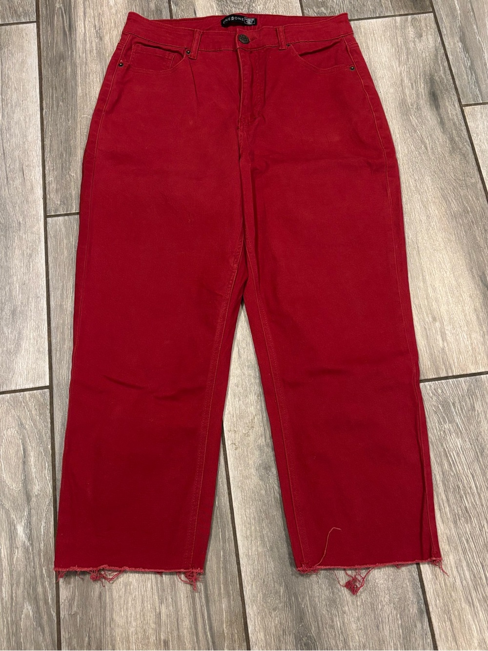 Maroon Red Straight-Leg Jeans with Raw Hem